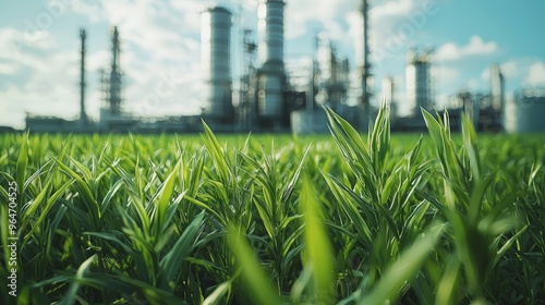 green energy bioenergy technology Green shoots peek through blurring an industrial landscape A closeup perspective on the potential for nature to thrive even in the shadow of industry photo