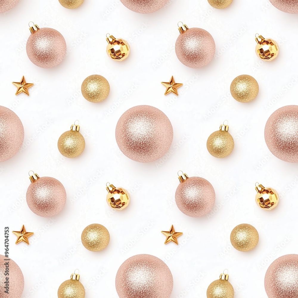 Fototapeta premium Christmas flat lay pink and golden glittery ornaments seamless texture, endless repeatable rapport element.
