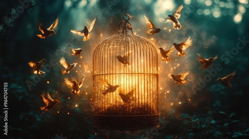 open birdcage with birds flying, Freeddom, Art