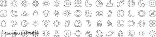 Set of Weather Related Line Icons. Editable Stroke for Design, Web Sites, Apps, Cards. Contains Linear Images of Sun, The Moon, Shower