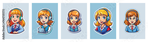 Cute cartoon girl with headset working as a customer service representative.