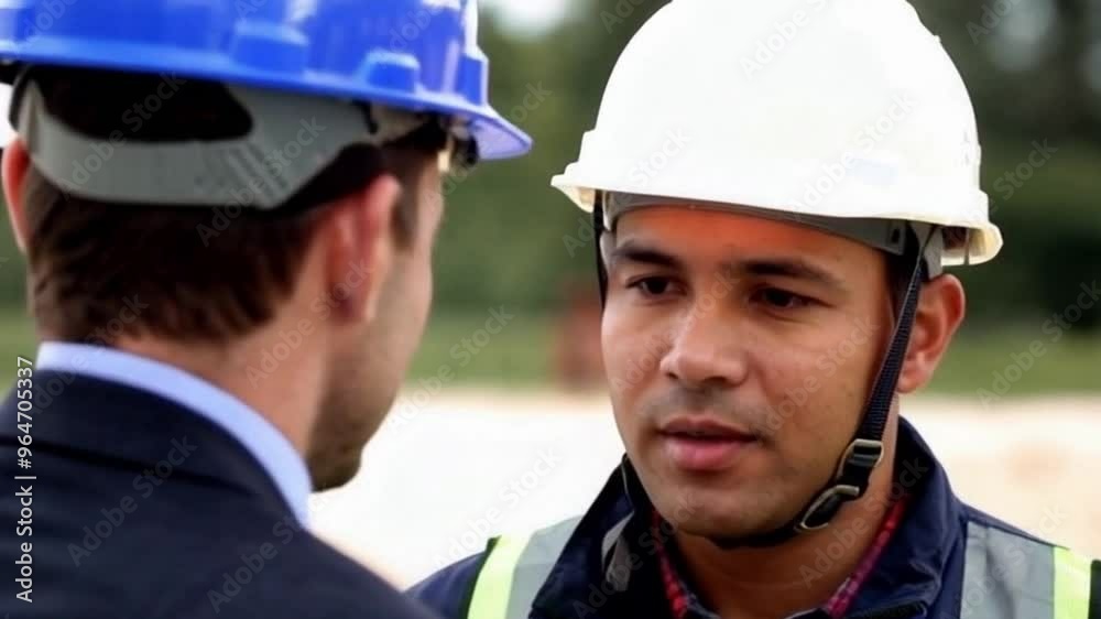 two men in hard hats talking to each other