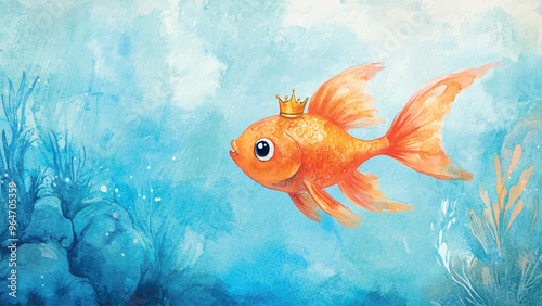 Goldfish With Crown On Head On Seabed Watercolor Illustration For Childrens Book Adorable Character Royal Crown Colorful Seabed Scene Whimsical Underwater Fantasy