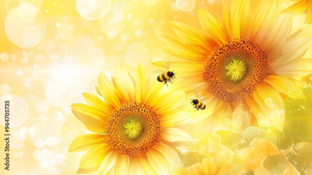 Obraz premium Bright Sunflowers with Bees in Bloom