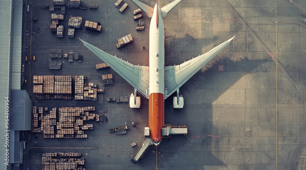 Aerial view of a cargo plane with boxes on the wings, at an airport loading area Aerial view of a cargo plane with boxes on the wings, at an airport loading area