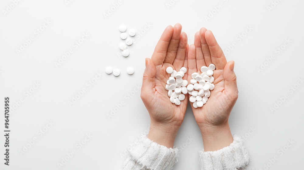 A person is holding a handful of white pills in their hands A person is holding a handful of white pills in their hands
