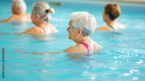 Group of elderly women doing water aerobics in a clear blue pool, representing social and physical activity