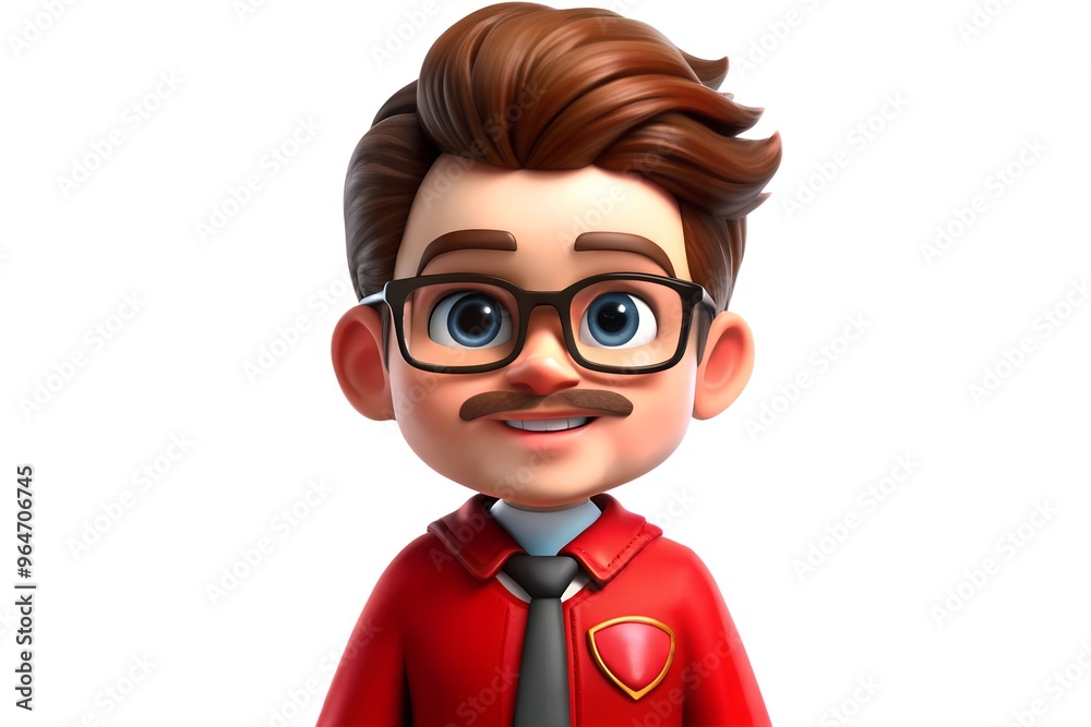 3d cartoon male character with glasses mustache and red jacket on white background 3d cartoon male character with glasses mustache and red jacket on white background