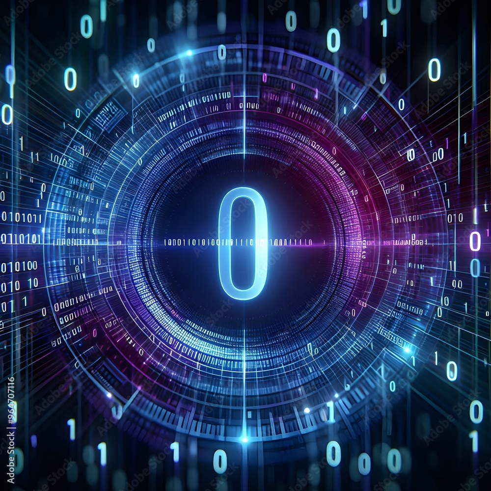 Obraz premium Abstract binary background for hackathon and other digital events, A high-tech image of binary code flowing in a blue digital data stream, representing the concept of information technology