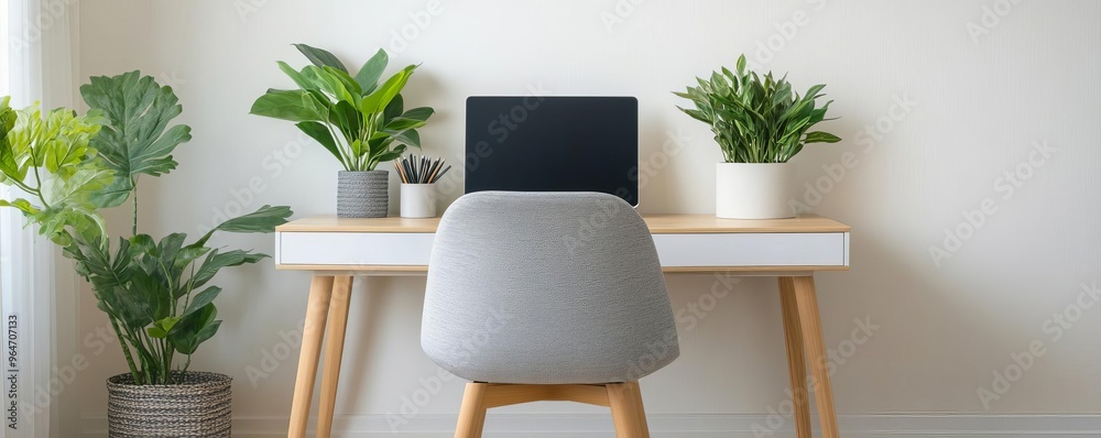 Minimalist home office with plants and natural light, emphasizing productivity and wellness Minimalist home office with plants and natural light, emphasizing productivity and wellness