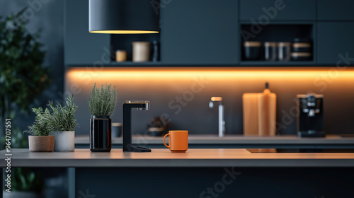 Wallpaper Mural Modern kitchen with minimalist design, featuring an orange mug, potted plants, a sleek faucet, cutting boards, and a coffee machine against a background of warm lighting. Torontodigital.ca