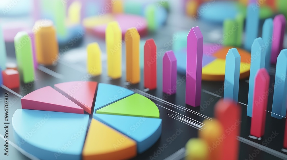 Colorful 3D Pie Chart and Bar Graphs on Black Background
