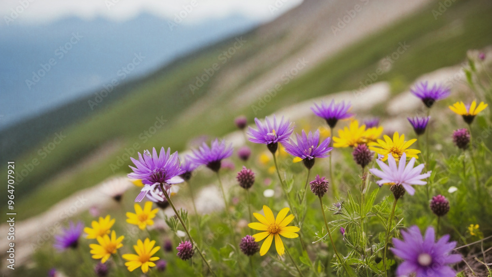 Obraz premium Mountain Wildflowers: Focused on a bunch of wildflowers blooming on a mountainside, with soft bokeh in the background