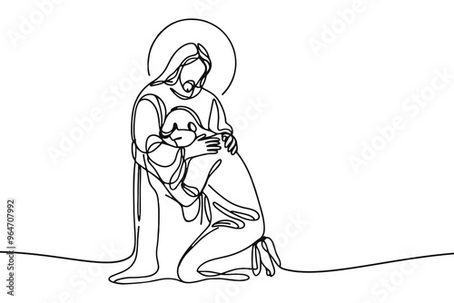 Single line style vector image on white background. Jesus embraces a sinner, man in the arms of Jesus