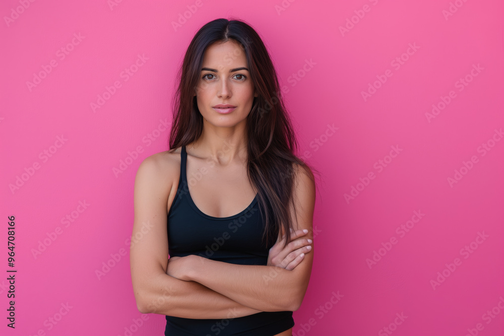 Sporting, athletic woman sports top posing with crossed arm. Slim and fit female model in sportswear standing in front of studio background with a serious and strong expression. Sporting, athletic woman sports top posing with crossed arm. Slim and fit female model in sportswear standing in front of studio background with a serious and strong expression.