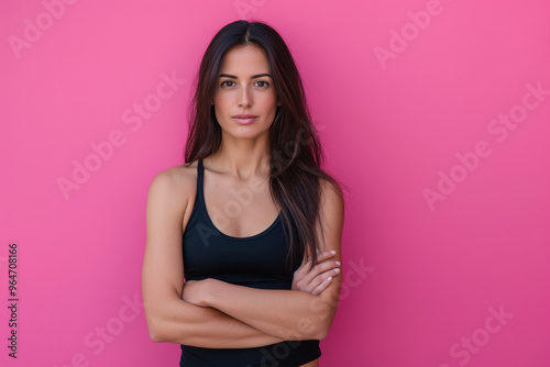 Sporting, athletic woman sports top posing with crossed arm. Slim and fit female model in sportswear standing in front of studio background with a serious and strong expression.