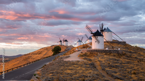 Long Exposure of the Windmills of Consuegra at Sunrise located on Castilla-La Mancha, Spain.