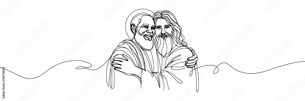 Fototapeta premium Single line style vector image on white background. Jesus embraces a sinner, man in the arms of Jesus