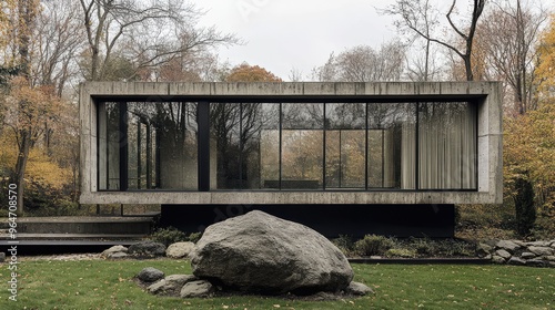 Concrete and glass structure with a rock, front view.