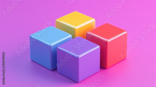 Four Shiny Cubes in Red, Yellow, Blue, and Purple on a Pink Surface