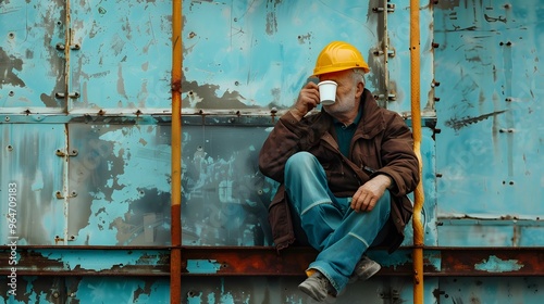 Mature construction worker taking a break on site and drinking a hot coffee beverage