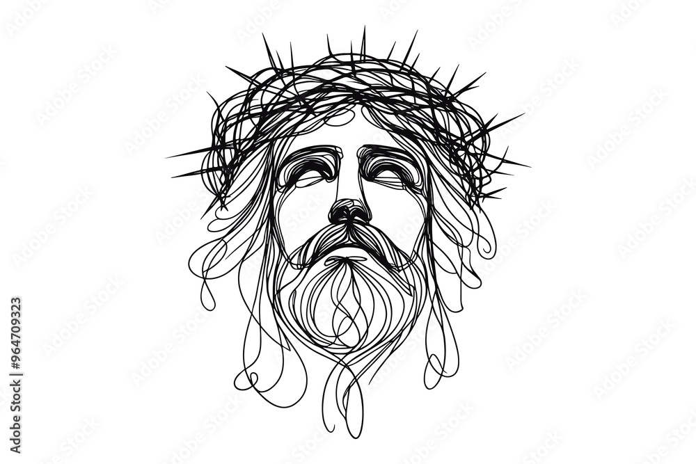 Single line style vector image on white background. Jesus in a wreath of thorns Single line style vector image on white background. Jesus in a wreath of thorns