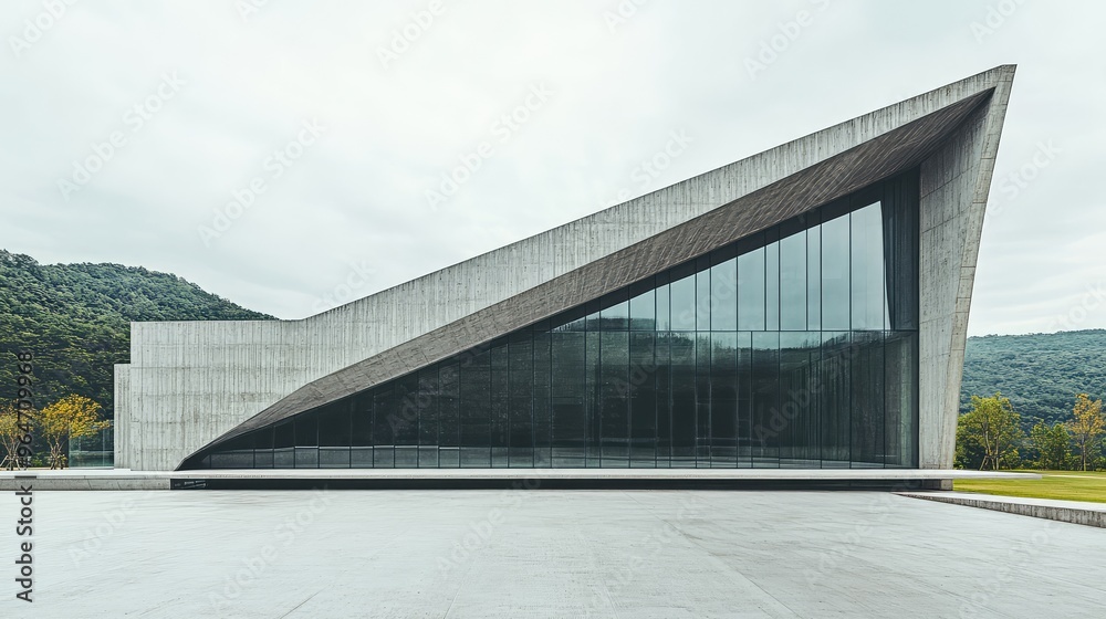 Modern building with an abstract, rock-inspired shape, made of concrete and glass. Modern building with an abstract, rock-inspired shape, made of concrete and glass.