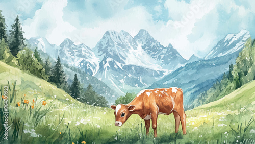 Little Calf Grazing In Meadow Against Snow-Capped Mountains Watercolor Illustration For Childrens Book Adorable Calf Character Peaceful Meadow Scene Colorful Kids Storybook