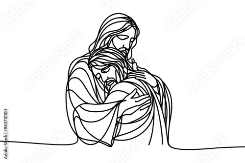 Single line style vector image on white background. Jesus embraces a sinner, man in the arms of Jesus