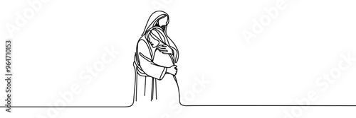 Single line style vector image on white background. Jesus embraces a sinner, man in the arms of Jesus