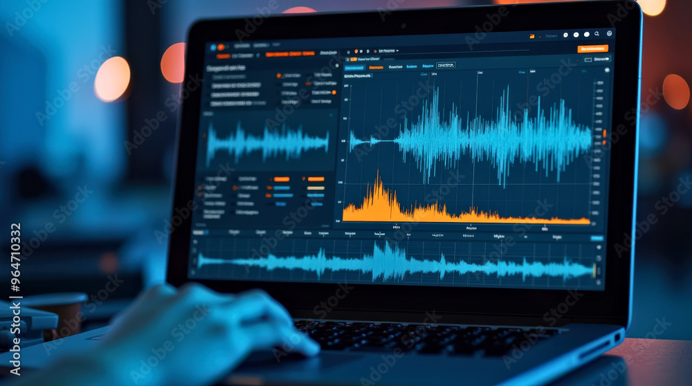 Person Analyzing Audio Waves on a Laptop Screen in a Modern Workspace.Educational interface designed to teach audio engineering or data analysis Person Analyzing Audio Waves on a Laptop Screen in a Modern Workspace.Educational interface designed to teach audio engineering or data analysis