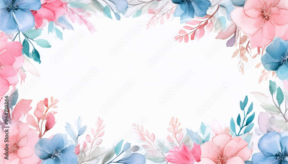 Obraz premium ピンクとブルーのお花の水彩画イラストフレーム背景