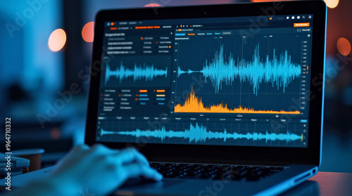 Person Analyzing Audio Waves on a Laptop Screen in a Modern Workspace.Educational interface designed to teach audio engineering or data analysis