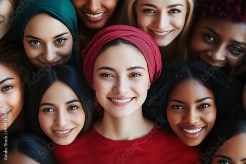 Diverse group of women smiling together in unity, Portrait of multicultural women celebrating diversity and friendship