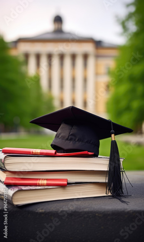 generated illustration close up of mortarboard on top stack of books against university building