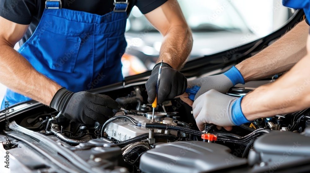 Busy Modern Car Repair Shop with Mechanics Expertly Working on Engine Maintenance and Repairs Busy Modern Car Repair Shop with Mechanics Expertly Working on Engine Maintenance and Repairs