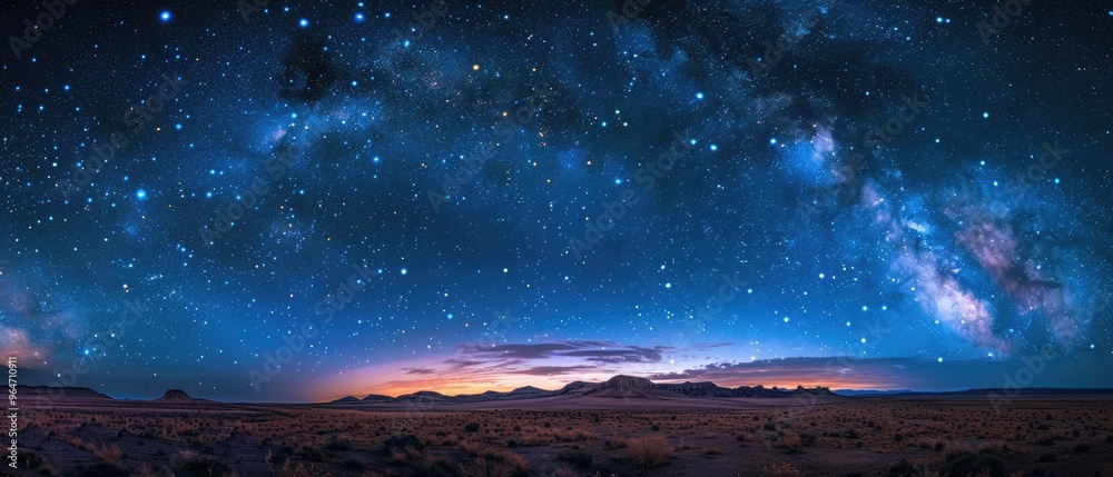Panoramic view of the Milky Way galaxy over a serene desert landscape at night, showcasing stars and cosmic beauty. Panoramic view of the Milky Way galaxy over a serene desert landscape at night, showcasing stars and cosmic beauty.