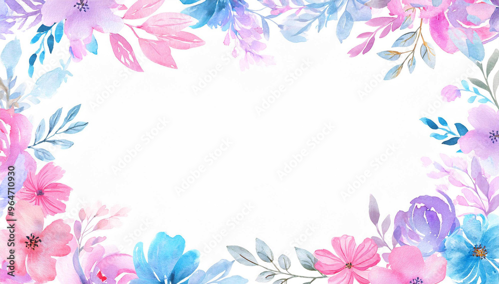 ピンクとブルーのお花の水彩画イラストフレーム背景 ピンクとブルーのお花の水彩画イラストフレーム背景