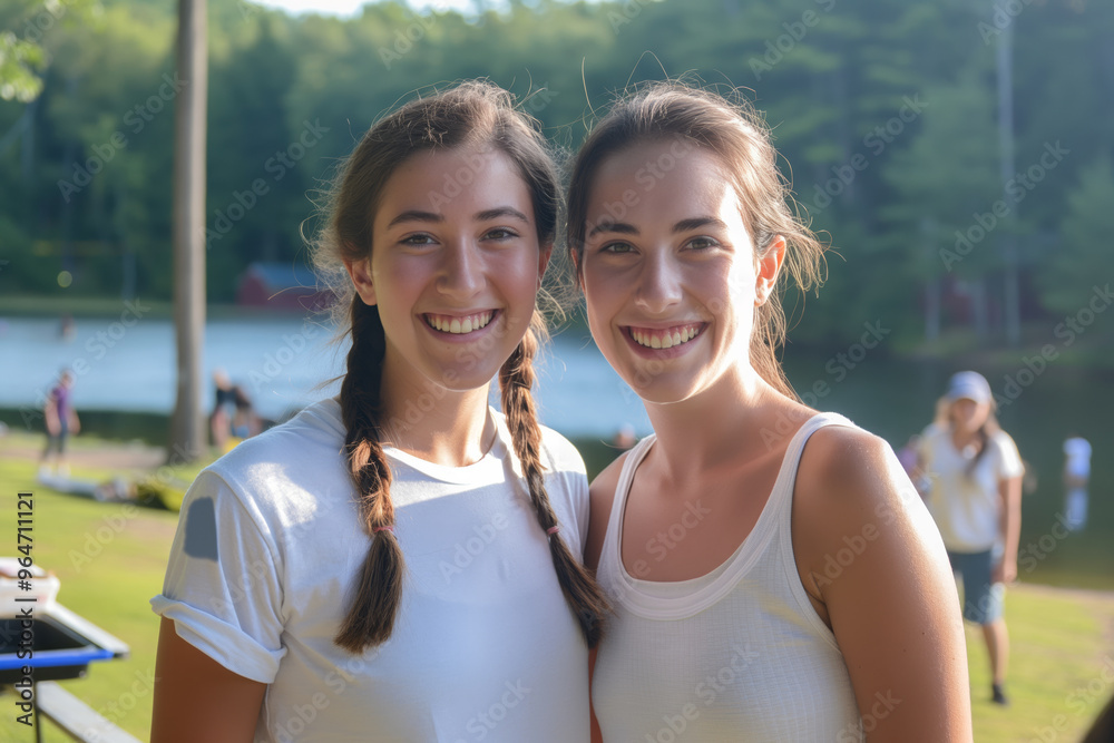 Two women smiling and posing for a picture by a lake Two women smiling and posing for a picture by a lake