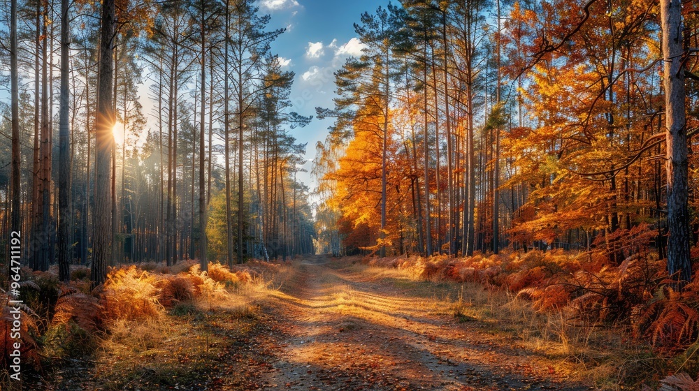 Fototapeta premium Scenic autumn forest path with vibrant foliage, sunlight filtering through tall trees, and a peaceful woodland atmosphere.