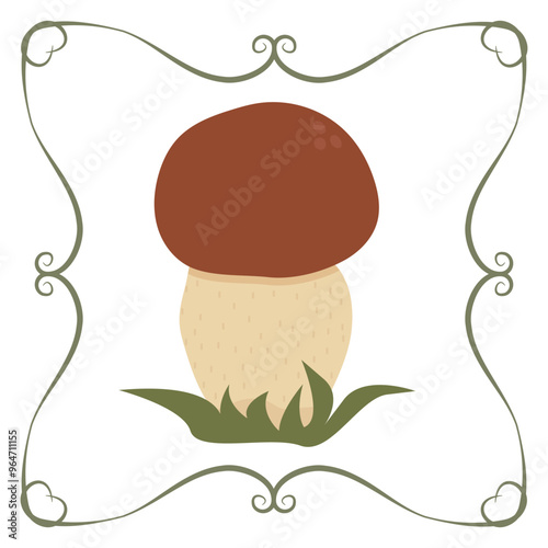 Vector white boletus mushroom in a frame of twisted linear elements