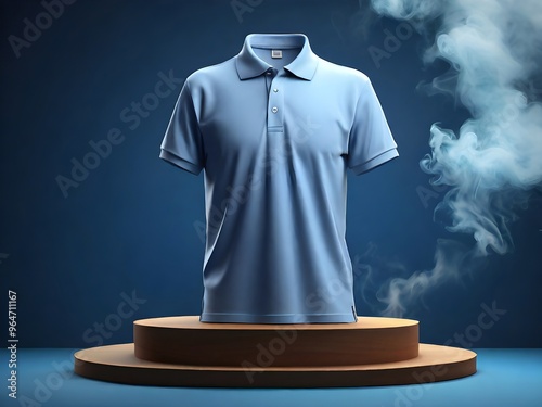 Mockup 3D blue T-shirt polo shirt, Blank collared shirt mockup, front, side and back views, tee design presentation for print, background podium with light smoke, 3d rendering, 3d illustration