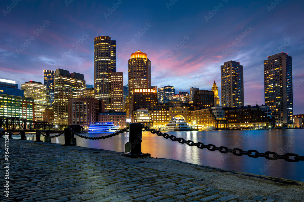 Fototapeta premium Boston Harbor Skyline and Financial District at sunset time Boston USA