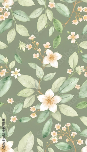 Elegant Botanical Watercolor Mobile Phoe Wallpaper. Soft Floral and Leaf Design. photo