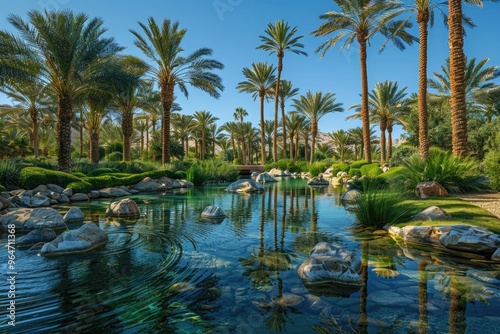 Scenic tropical oasis with palm trees and a tranquil pond, reflecting the serene landscape and blue sky, perfect for relaxation and peace.