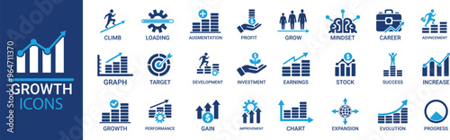 Adobe IlluGrowth icon set. Containing performance, gain, improvement, grow, chart, increase, evolution and development icons. Solid icon collection. Vector illustration.strator Artwork