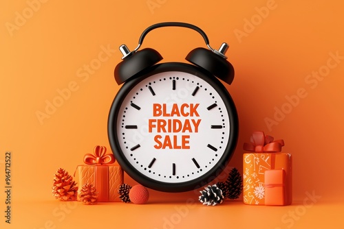 A vibrant clock signaling the start of Black Friday sales, surrounded by festive decorations and colorful gifts. photo