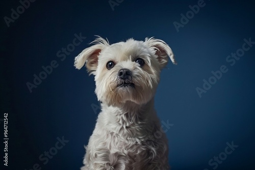 a small white dog sitting in front of a blue background photo