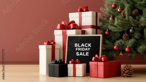 Celebrate Black Friday with festive gifts and a beautifully decorated Christmas tree, perfect for holiday shopping promotions.