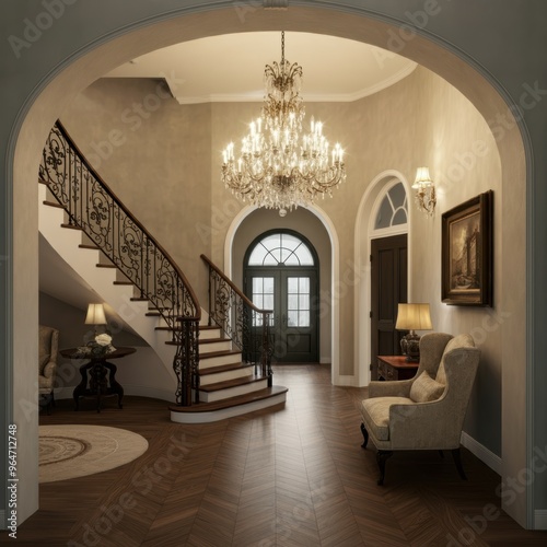 Foyer with curved staircase